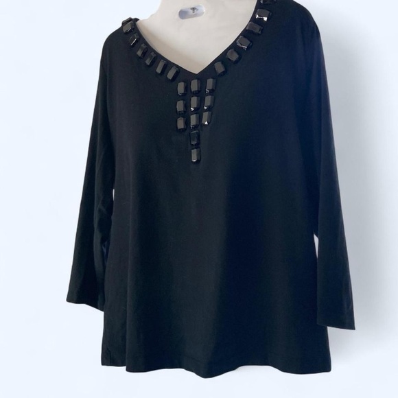 Talbots Elegant Black Beaded V-Neck Top XL - Picture 1 of 3